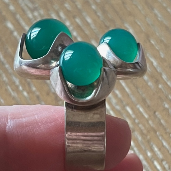 KULTASEPPÄ SALOVAARA Finland Modernist Sterling Silver Ring Chrysoprase Sz 7 MCM - Picture 10 of 13